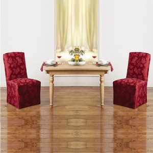two new WINE color Autumn Medley Damask Chair Covers for Dining Room Chairs